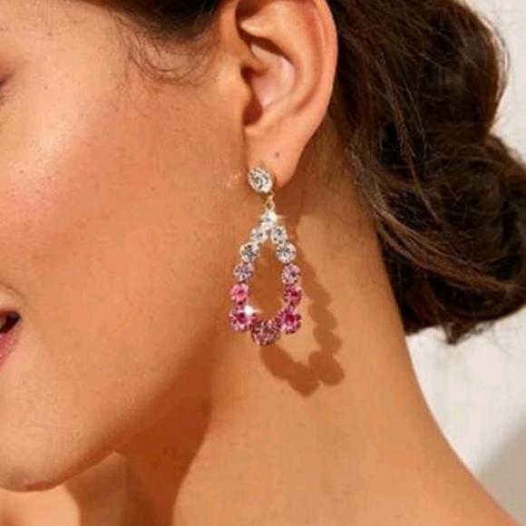 💖 Rhinestones decor clear & pink drop earrings - Picture 1 of 8